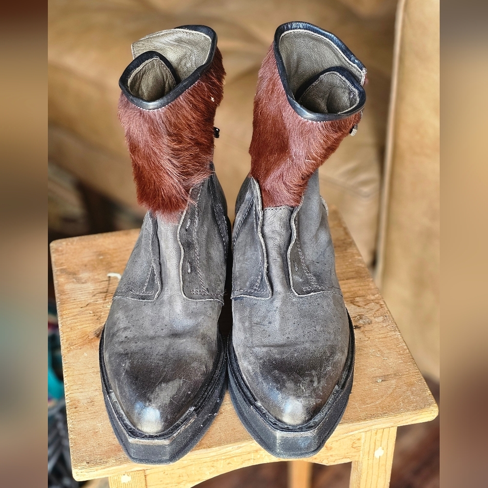 A.S.98 Leather & Calf Hair Chunky Ankle Boots - Picture 8 of 12